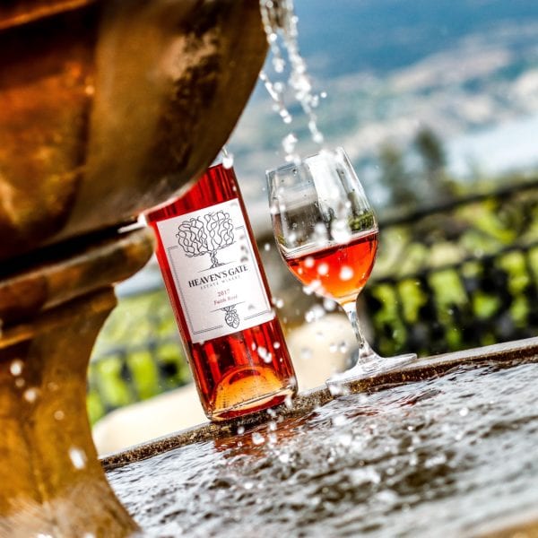 2017 Faith Rose bottle of wine and a half full glass sitting on a fountain with water flowing in foreground