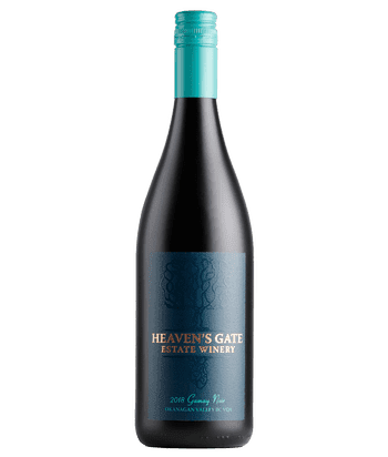 Bottle of Heaven's Gate Winery Gamay Noir with turquoise and navy label