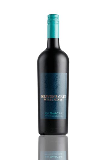 bottle of Heaven’s Gate Winery 2018 Maréchal Foch red wine with teal cap, great for pairing with honey ham